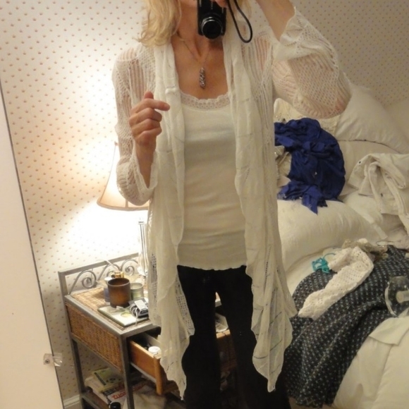 Lacy Flowy White wrap drape sweater Boho - Picture 2 of 6